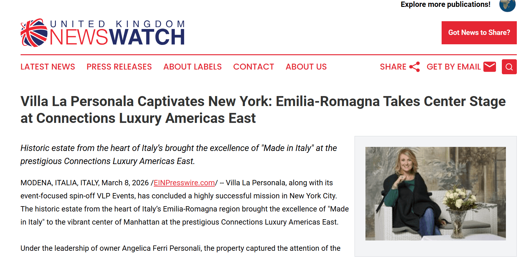 Villa La Personala Captivates New York: Emilia-Romagna Takes Center Stage at Connections Luxury Americas East